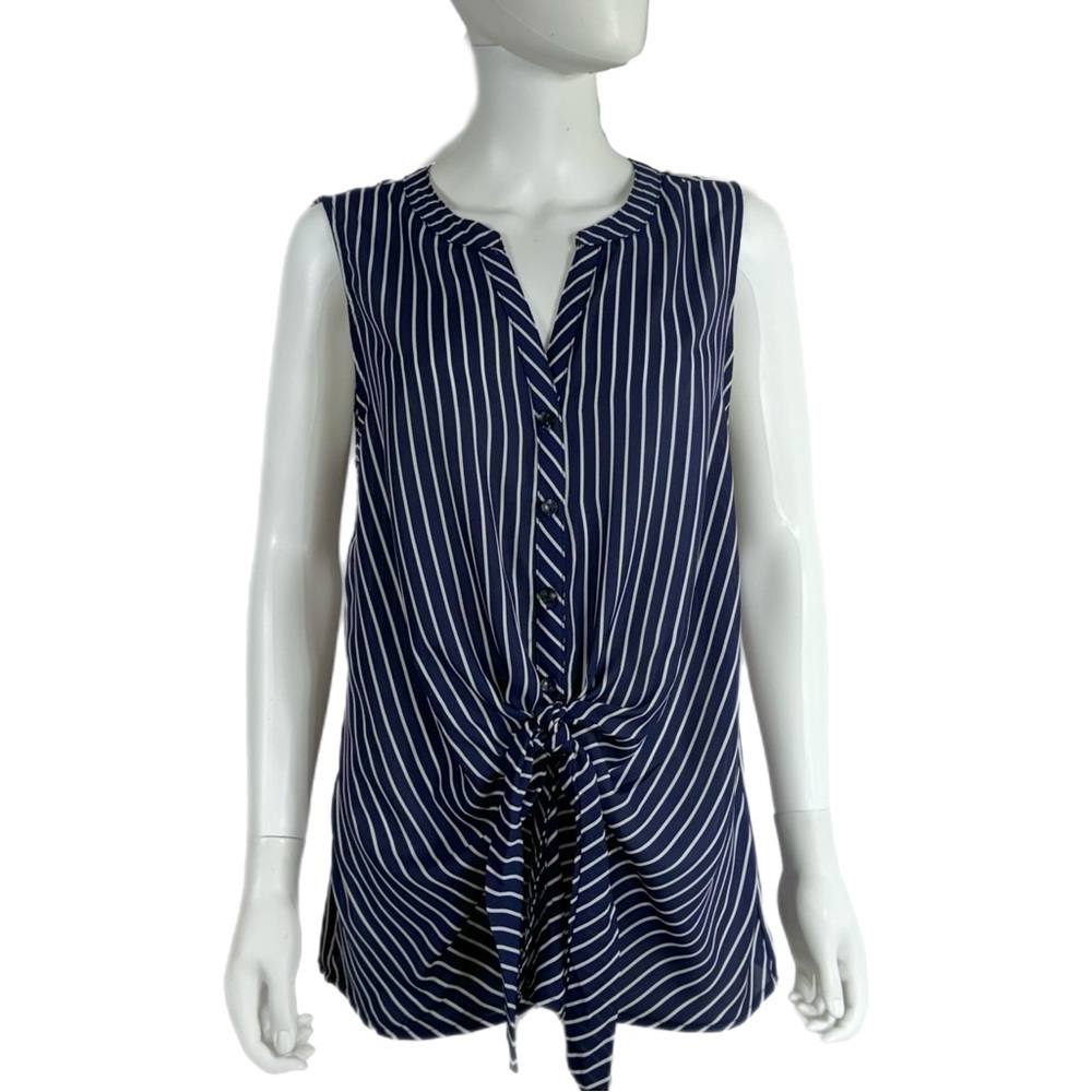 Allie Rose Navy Blue & White Striped Sleeveless Tied Front Button Down
